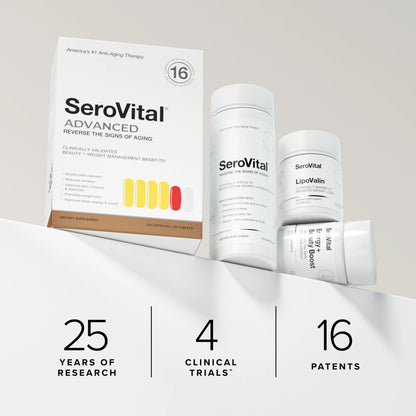 SeroVital Advanced supplement packaging with clinical trial and patent information on a light gray background