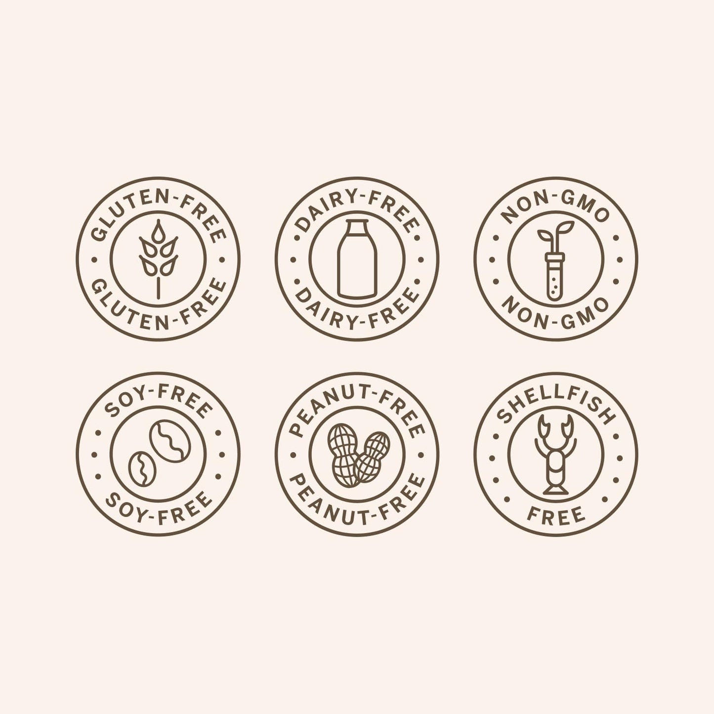 Set of six food allergy-free icons on a white background