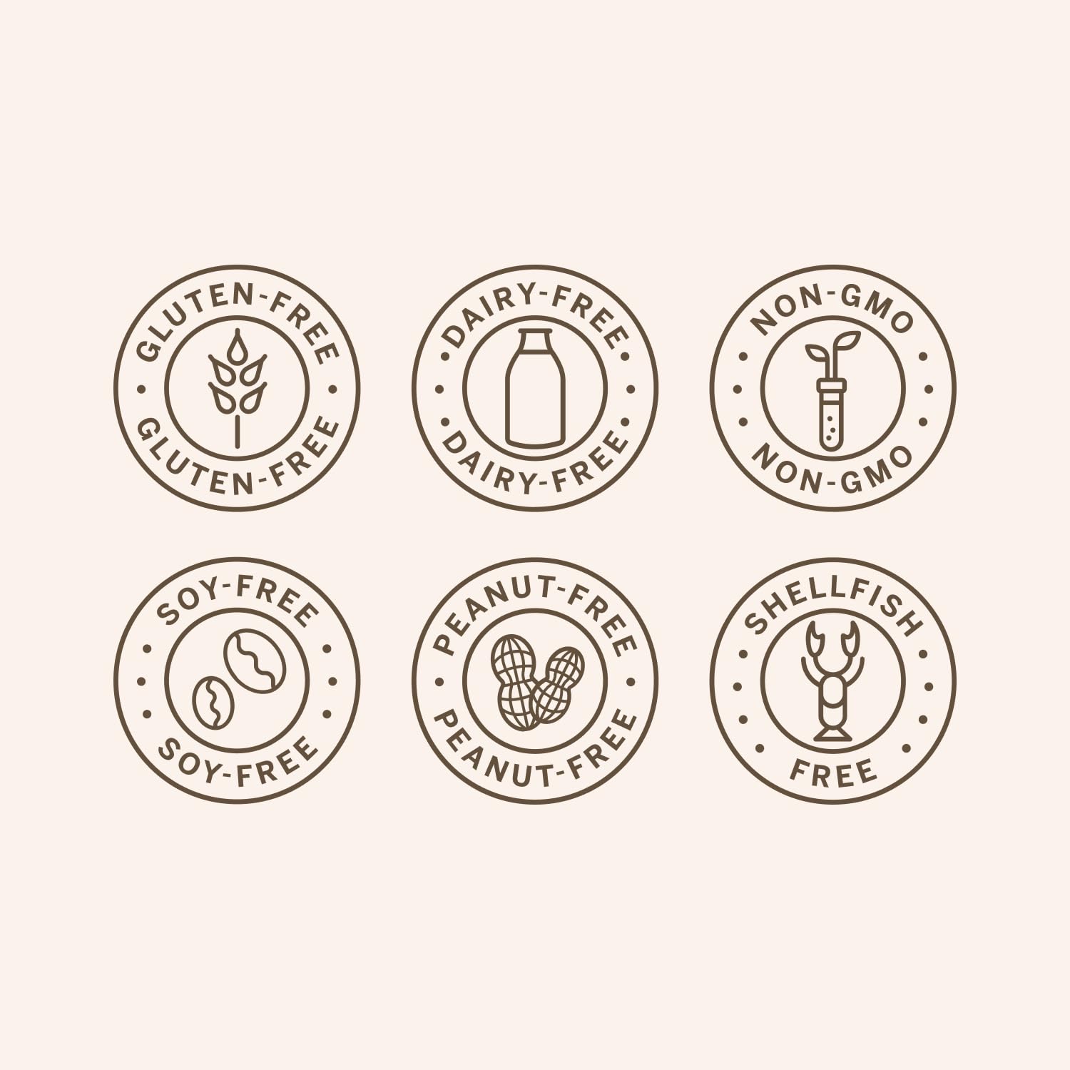 Set of six food allergy-free icons on a white background