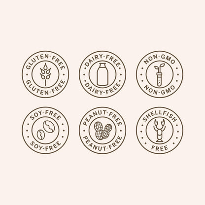 Set of six food allergy-free icons on a white background