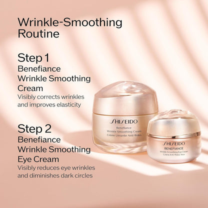 Shiseido Benefiance wrinkle-smoothing cream and eye cream on a soft pink background