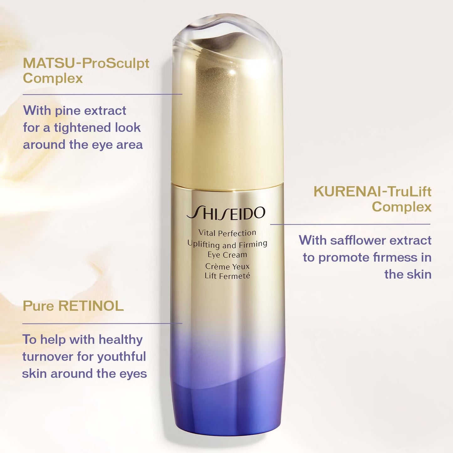 Shiseido eye cream bottle with text highlighting ingredients and benefits on a light background