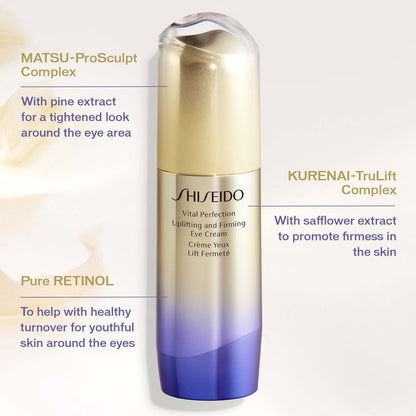 Shiseido eye cream bottle with text highlighting ingredients and benefits on a light background