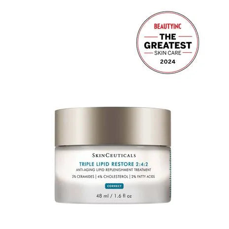 SkinCeuticals Triple Lipid Restore 2:4:2 jar with a 'The Greatest Skin Care' badge on a white background