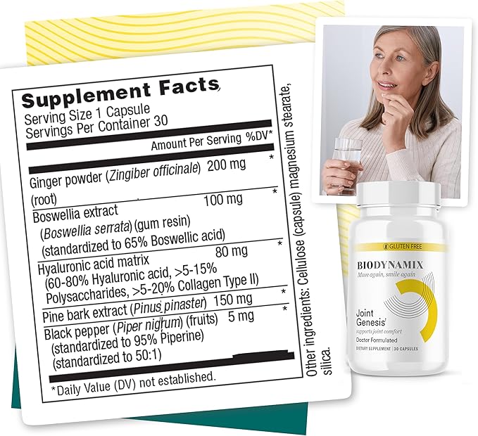 Supplement facts label and bottle of Biodynamics Joint Genesis supplement with a woman holding a glass in the background.