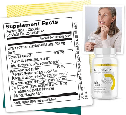 Supplement facts label and bottle of Biodynamics Joint Genesis supplement with a woman holding a glass in the background.