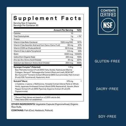 Supplement facts label with NSF certification logo on a blue background