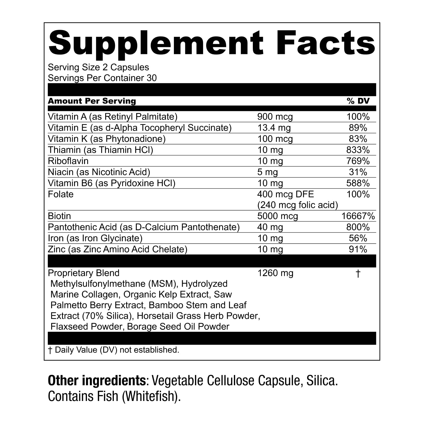 Supplement facts label with detailed nutritional information on a white background