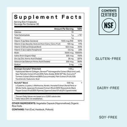 Supplement label with certification logos on a light blue background