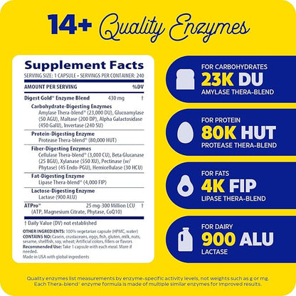 Supplement label with enzyme blend details on a yellow background
