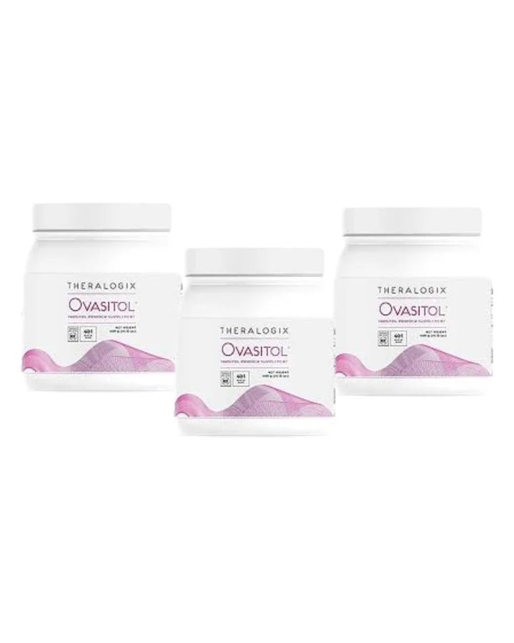 Three containers of Theralogix Ovasitol on a white background