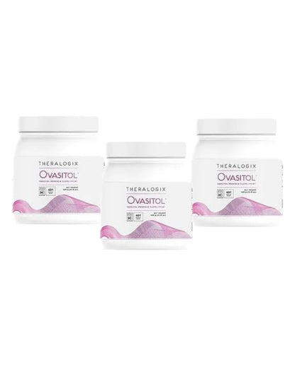 Three containers of Theralogix Ovasitol on a white background