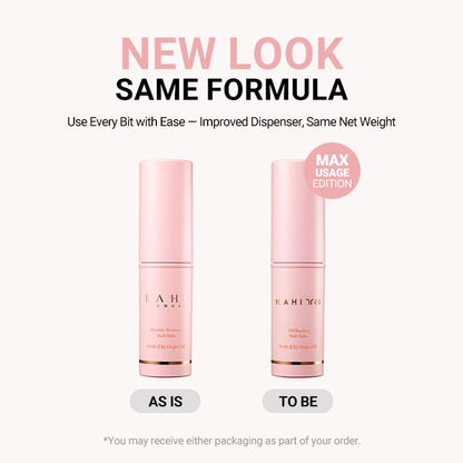 Two pink skincare bottles with text about a new look and same formula on a white background.