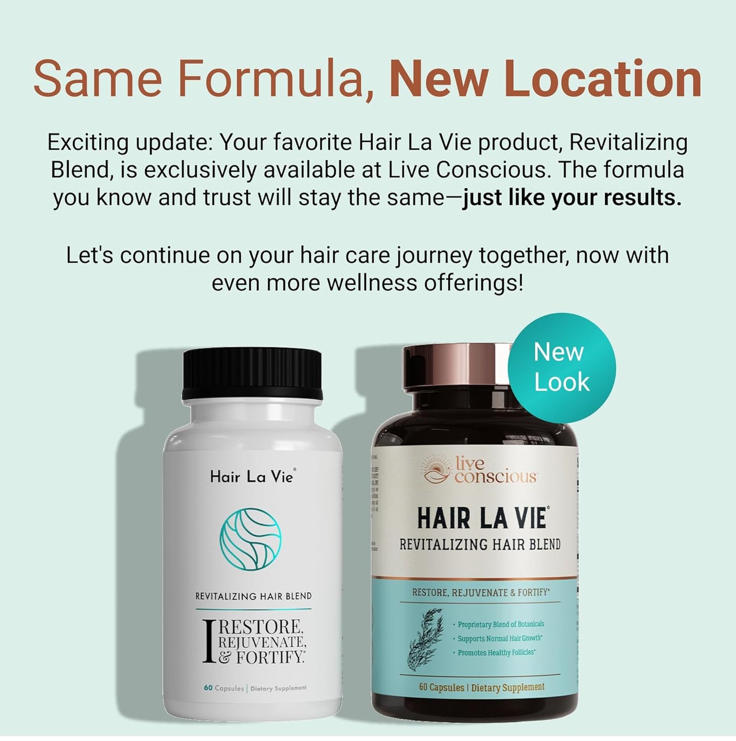 Two supplement bottles labeled 'Hair La Vie' on a light gray background with promotional text.
