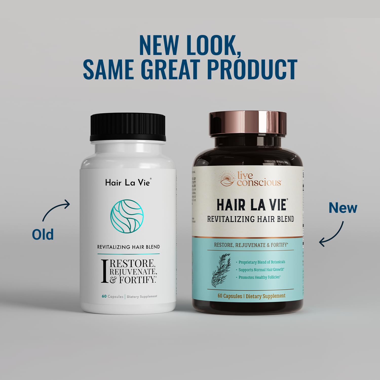 Two versions of a Hair La Vie supplement bottle, one labeled 'Old' and the other 'New', on a gray background.