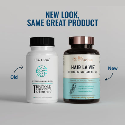 Two versions of a Hair La Vie supplement bottle, one labeled 'Old' and the other 'New', on a gray background.