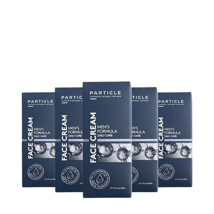 Five boxes of Particle Men's Formula Face Cream on a white background
