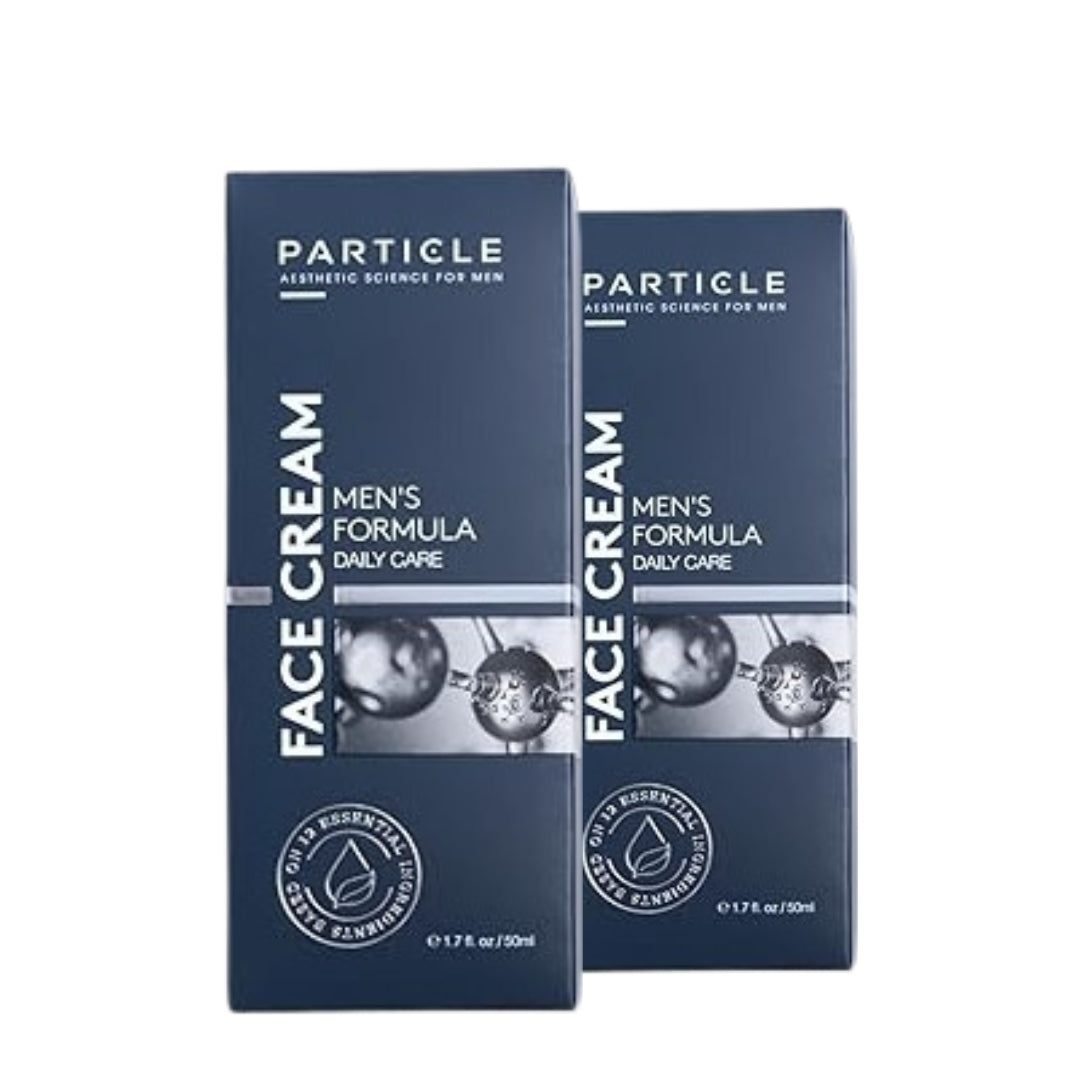 Two boxes of Particle Men's Formula Face Cream on a white background
