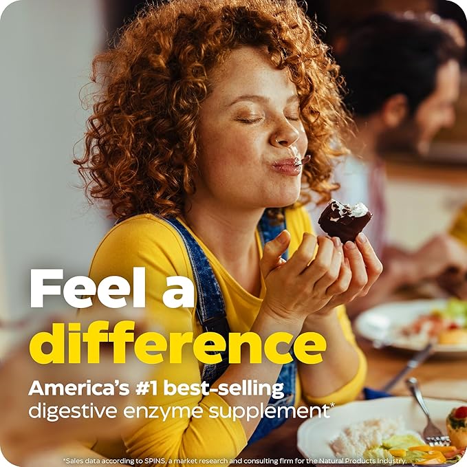 Woman eating a dessert with text about a digestive enzyme supplement