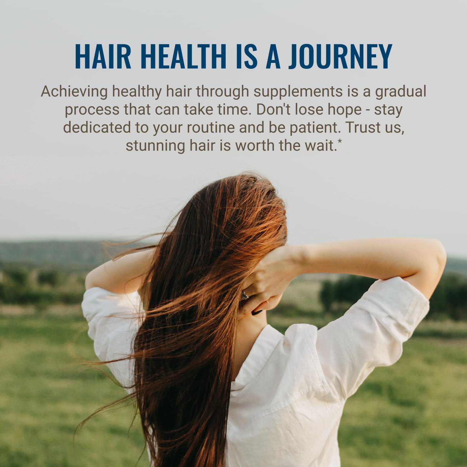 Woman with long hair standing in a field with text about hair health.