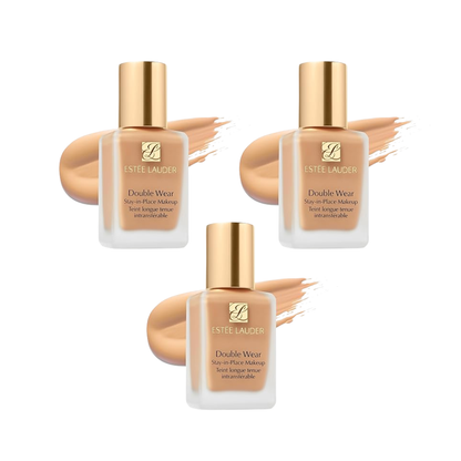 triple set of estée lauder double wear stay‑in‑place makeup bottles with swatches