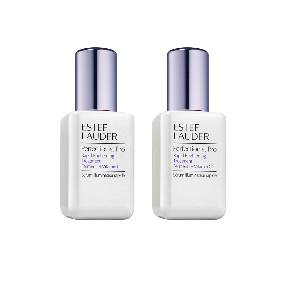 Dual bottles of Estée Lauder Perfectionist Pro Rapid Brightening Treatment shown side by side