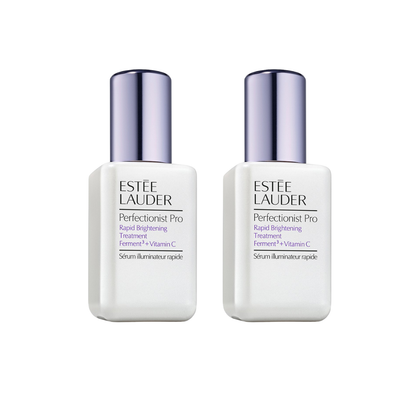 Dual bottles of Estée Lauder Perfectionist Pro Rapid Brightening Treatment shown side by side