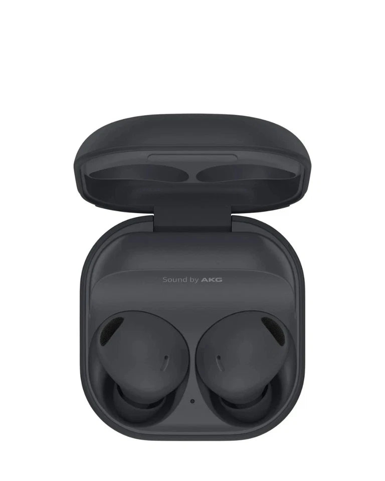 Black wireless earbuds in a charging case on a white background
