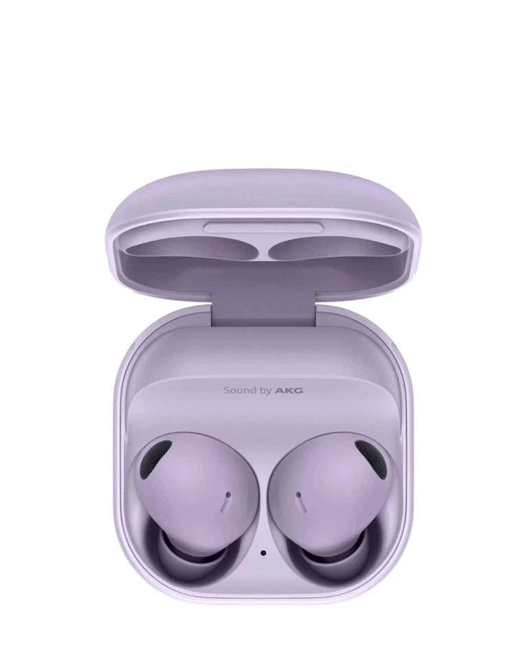 Purple wireless earbuds in an open case on a white background