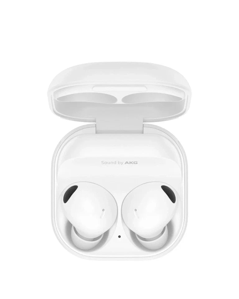 White wireless earbuds in a transparent case on a white background