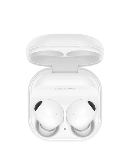 White wireless earbuds in a transparent case on a white background